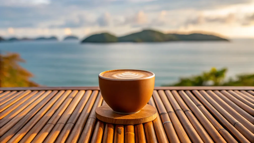 A cup of freshly brewed Indonesian coffee on a bamboo table