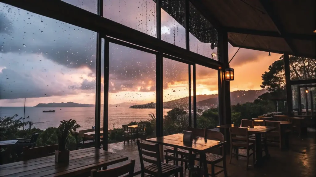 A coffee house interior with large windows looking out over greenery