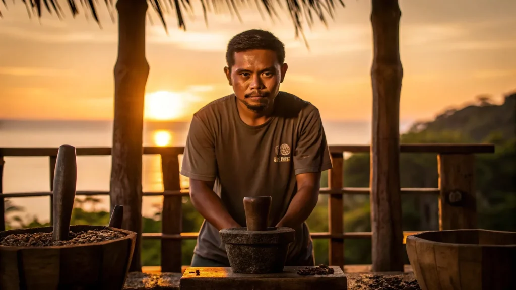 A producer grinding roasted coffee by hand at the farm gate at sunset