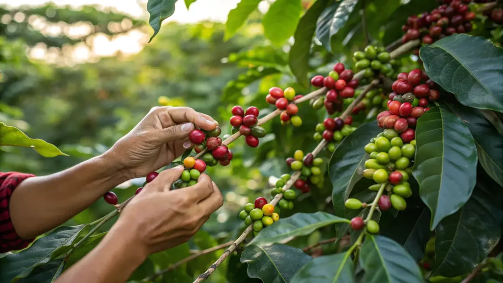 Hands selecting only the ripe red cherries from a coffee branch