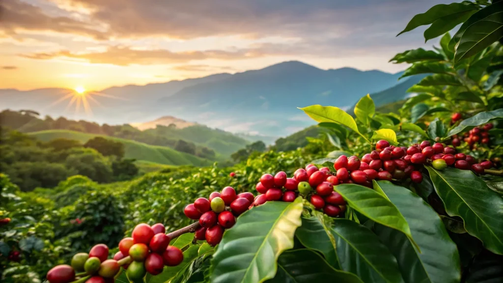 Ripe red arabica cherries on the branch with highland ridges behind at sunrise