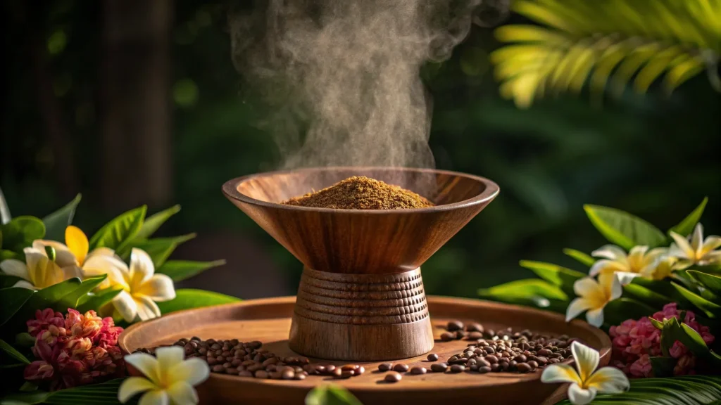Freshly ground coffee in a wooden bowl beside roasted beans